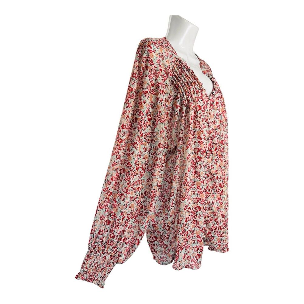 Torrid Floral Sheer Blouse 3X Red Button Up Long Sleeve Gold Stripe Boho Top - Picture 3 of 11